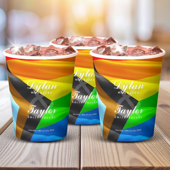 Gay Wedding Pride Flag Typography Paper Cups (Creator Uploaded)