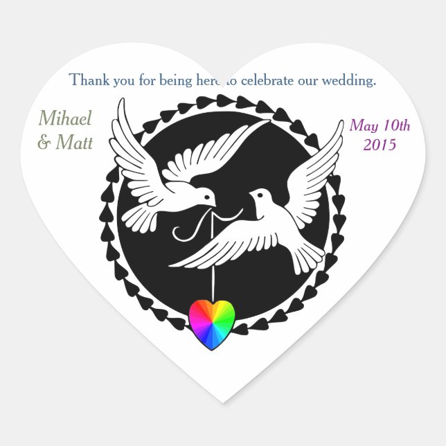Gay Wedding Rainbow Heart Love Doves Heart Sticker (Front)