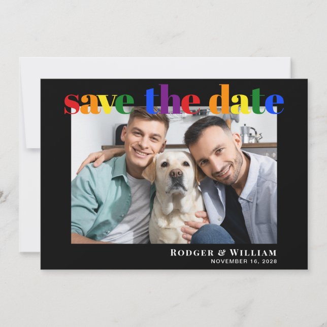 Gay Wedding Rainbow Photo Black Save The Date (Front)
