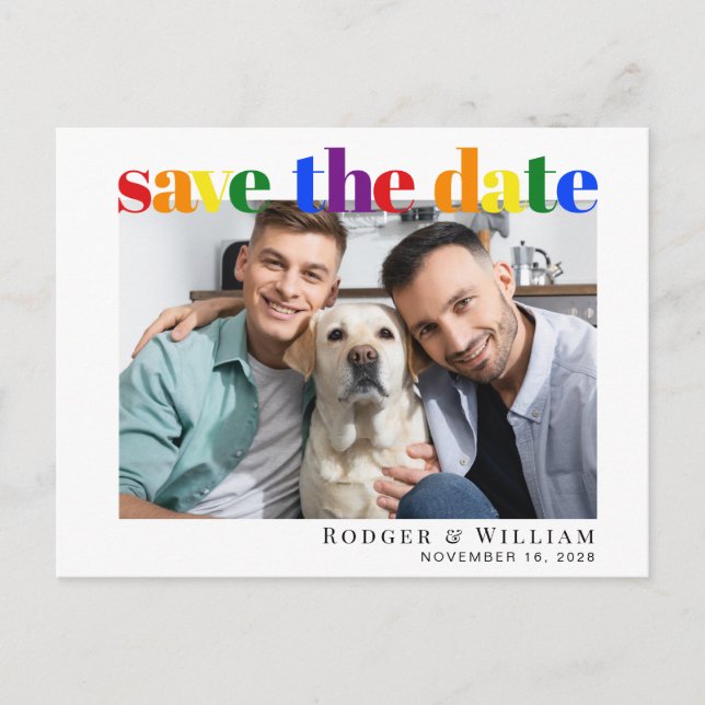 Gay Wedding Rainbow Photo Save The Date Announcement Postcard (Front)