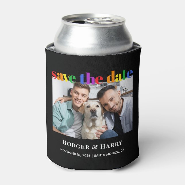 Gay Wedding Rainbow Save the Date Photo Can Cooler (Can Front)