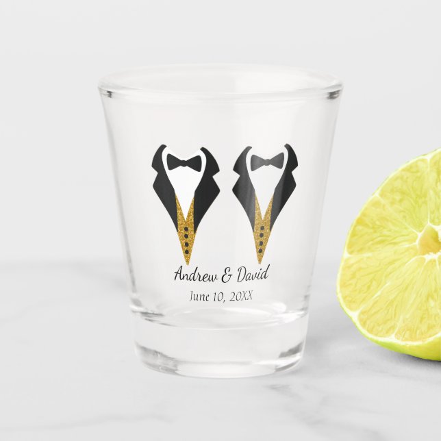 Gay Wedding Shot Glass with Matching Tuxedos (Front)