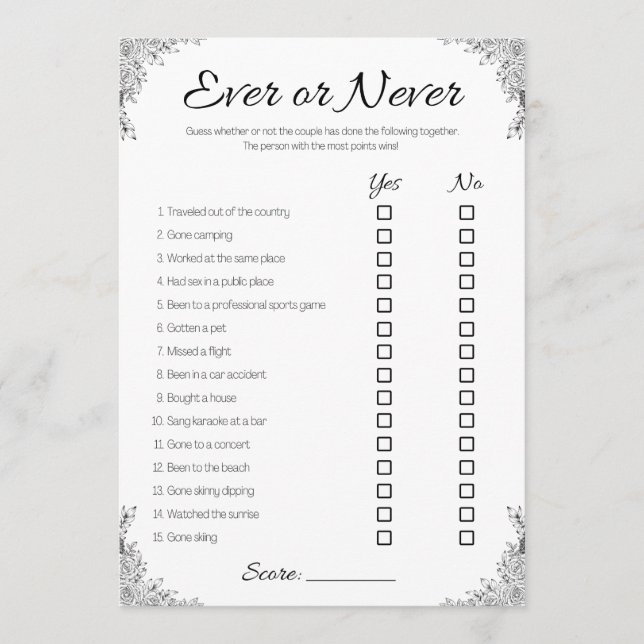 Gay Wedding Shower Game, Ever or Never Couple Invitation (Front)