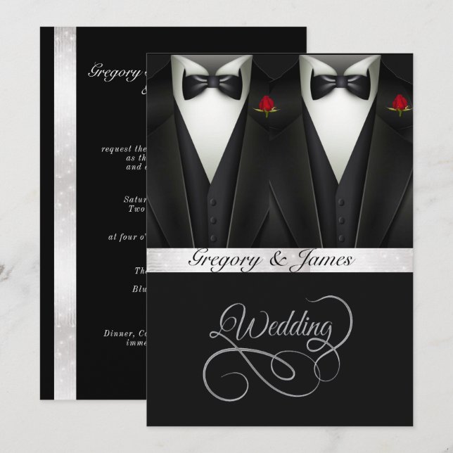 Gay Wedding Tuxedos Red Roses Gold Foil Invitation (Front/Back)
