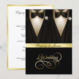 Gay Wedding Tuxedos White Roses Gold Foil Invitation
