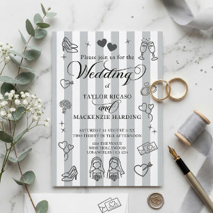 Gay Wedding Two Brides Whimsical Doodles Invitation