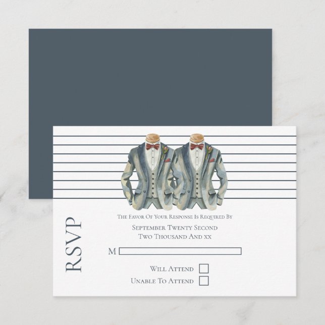 Gay Wedding Two Grooms in Suits and Bow Ties RSVP (Front/Back)
