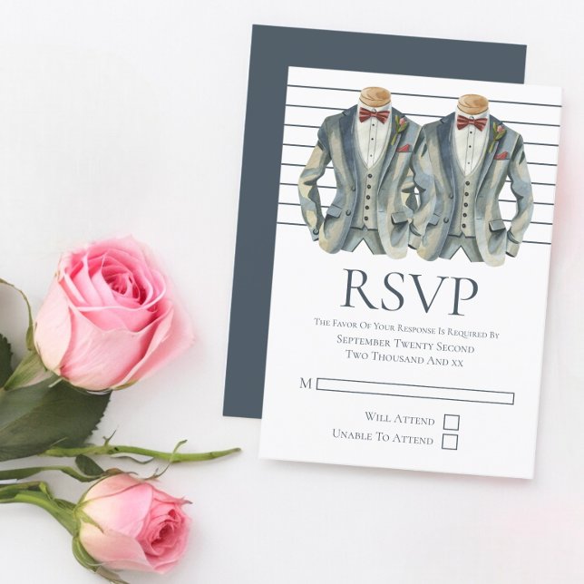 Gay Wedding Two Grooms in Suits and Bow Ties RSVP (Gay Wedding Two Grooms in Suits and Bow Ties RSVPs from Ricaso Designed in blue & white. modern RSVP)
