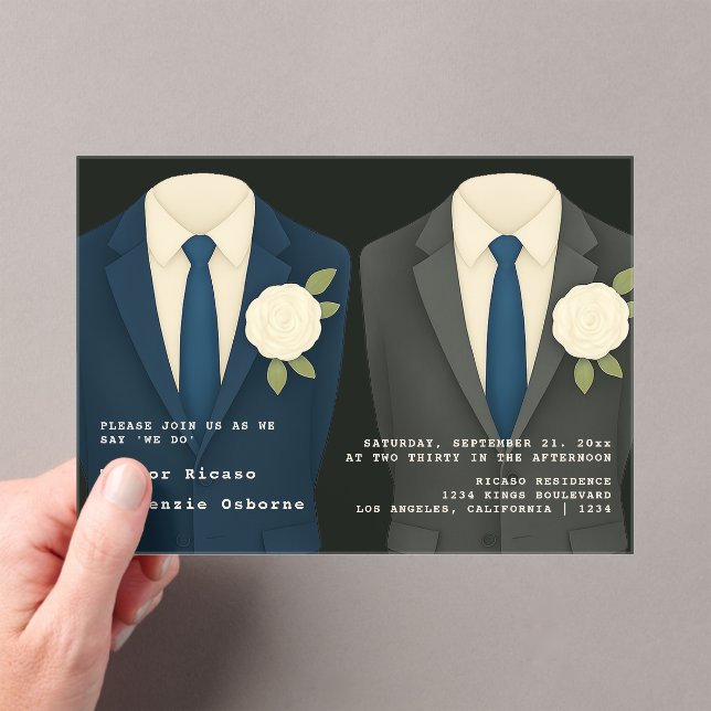 Gay Wedding Two Grooms in Suits and Ties Acrylic Invitations (Insitu (Handheld))