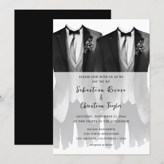 Gay Wedding Two Grooms in Suits and Ties Invitation