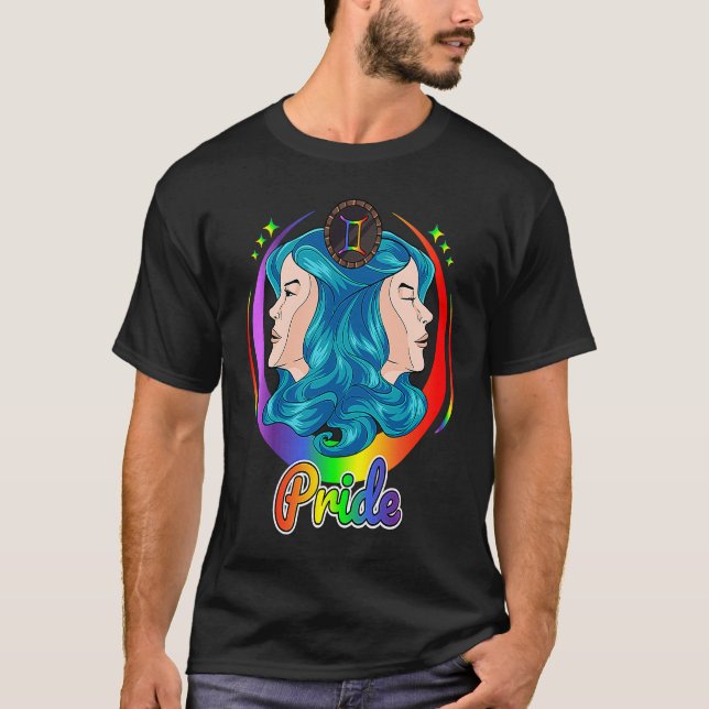 Gay Zodiac LGBTQ Zodiac Sign Gemini Rainbow Pride T-Shirt (Front)