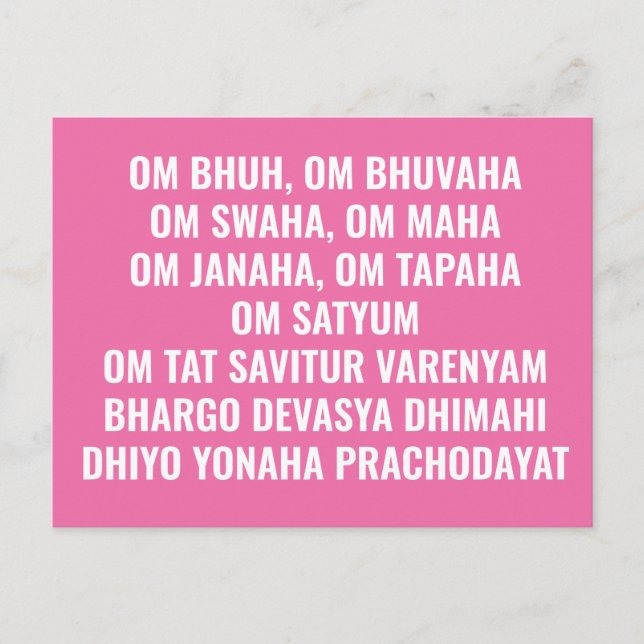 Gayatri Long Form Pink White Sanskrit Mantra Postcard (Front)