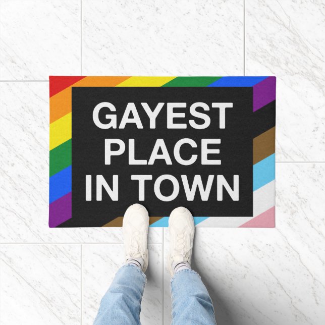 Gayest Place In Town LGBTQ Stripes Progress Pride Doormat (Indoor)