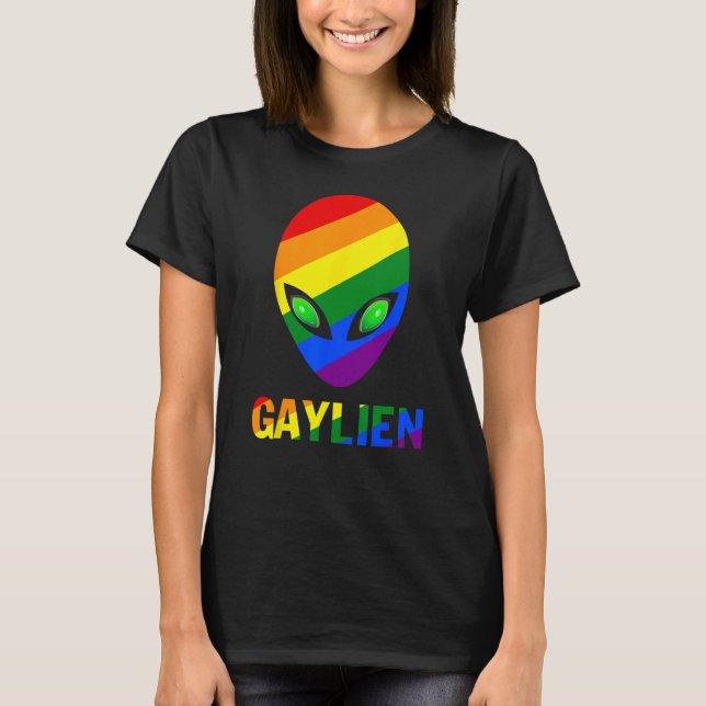 Gaylien Gay Alien Pride LBGT Rainbow UFO Flag Gayl T-Shirt (Front)