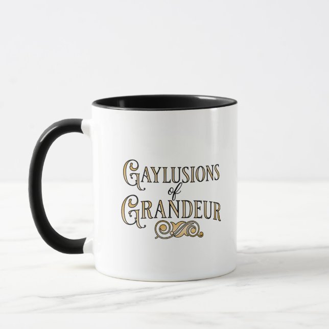 Gaylusions of Grandeur funny gay pun mug (Left)