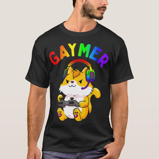 Gaymer Gay Pride Flag Gamer LGBTQ Video Game Cat L T-Shirt (Front)