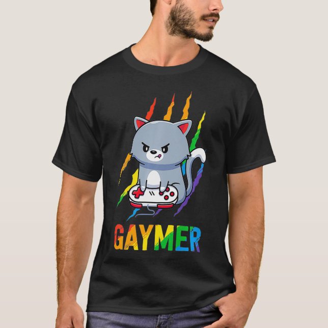 Gaymer LGBT Cat Pride  Rainbow Video Game Lovers G T-Shirt (Front)
