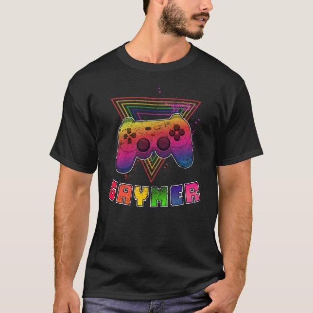 Gaymer LGBTQ Gay Video Gamer Console Rainbow Strip T-Shirt (Front)