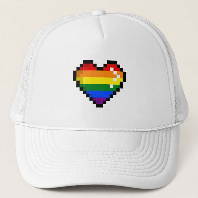 GAYMER PIXEL HEART LGBT Pride Month LGBTQ Retro Trucker Hat (Front)