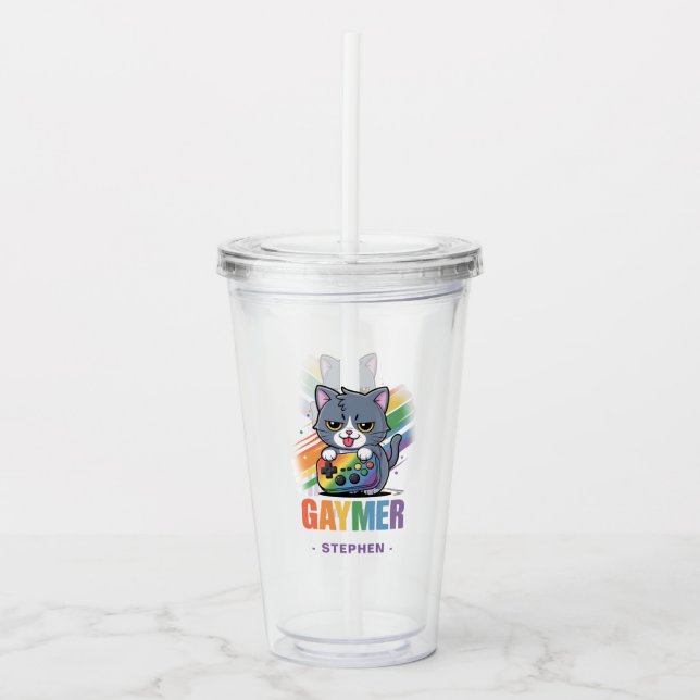 Gaymer - Rainbow Gaming Cat with Console | LGBTQ 2 Acrylic Tumbler (Front)