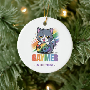Gaymer - Rainbow Gaming Cat with Console LGBTQ 2 Ceramic Tree Decoration