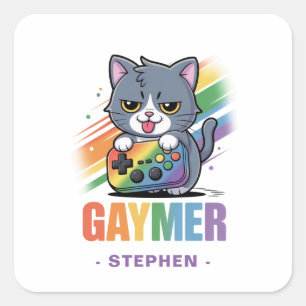 Gaymer - Rainbow Gaming Cat with Console LGBTQ 2 Square Sticker