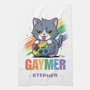 Gaymer - Rainbow Gaming Cat with Console LGBTQ 2 Tea Towel
