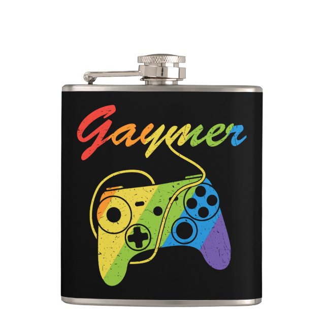 Gaymer | Rainbow Video Game Controller | Gaming Hip Flask (Front)