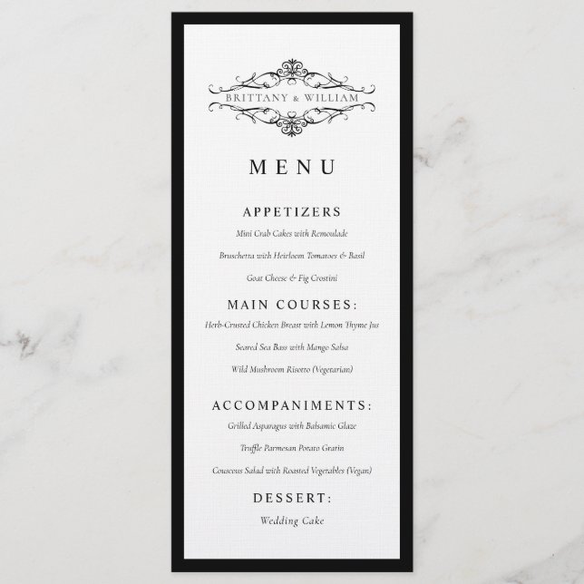 [GAZELLE] Elegant Black & White Monochrome Wedding Menu (Front)