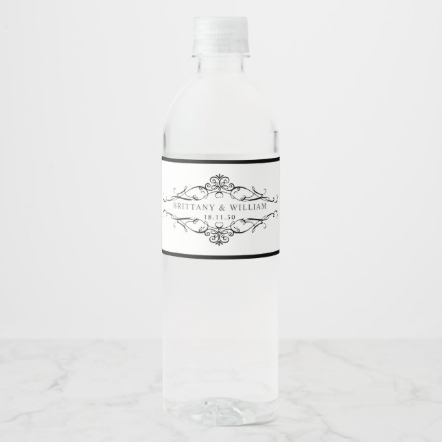 [GAZELLE] Elegant Black & White Monochrome Wedding Water Bottle Label (Front)