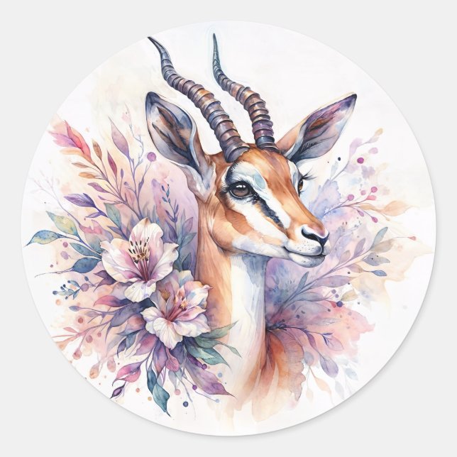 Gazelle Floral Watercolor Classic Round Sticker (Front)