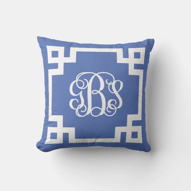 GBS Blue and White Greek Key Script Monogram Cushion (Front)