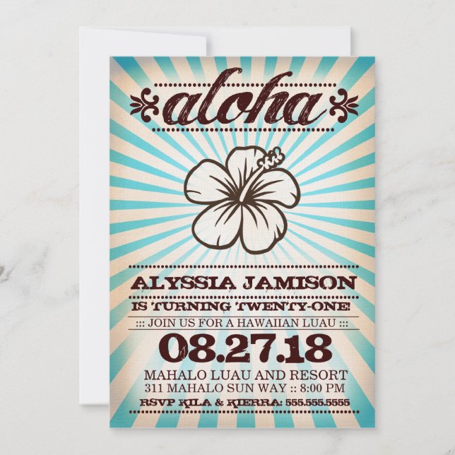 GC Aloha Sunset Aqua Blue Birthday Invitation (Front)