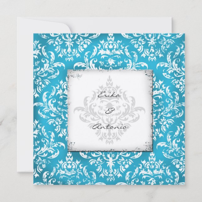 GC | Erika Vintage Damask Turquoise Golden Metalli Invitation (Front)