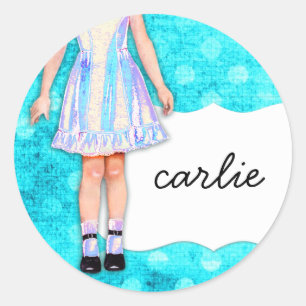 GC   Girly Girl Doll Funky Blue Turquoise Dots Classic Round Sticker