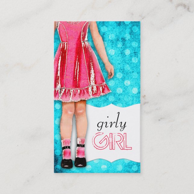 GC Girly Girl Doll Hot Pink Turquoise Dots Business Card (Front)