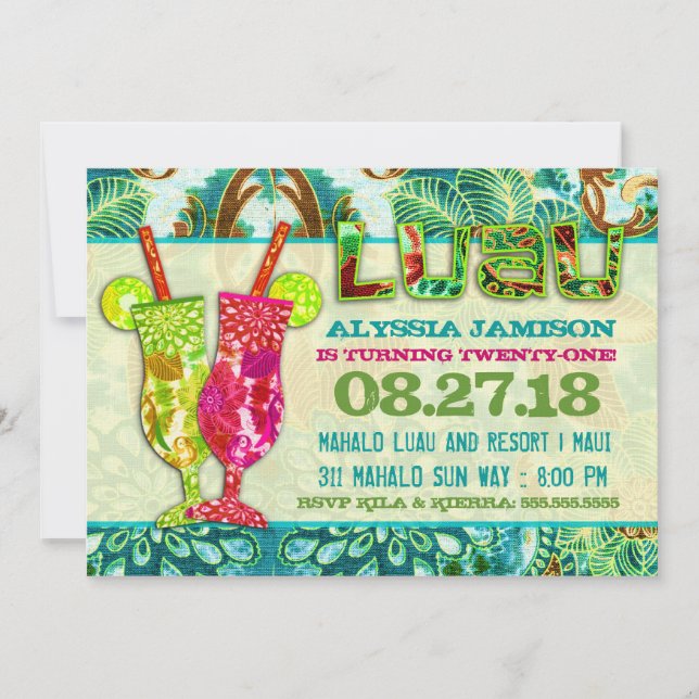 GC Hawaiian Cocktails Aqua Seaweed Invitation (Front)
