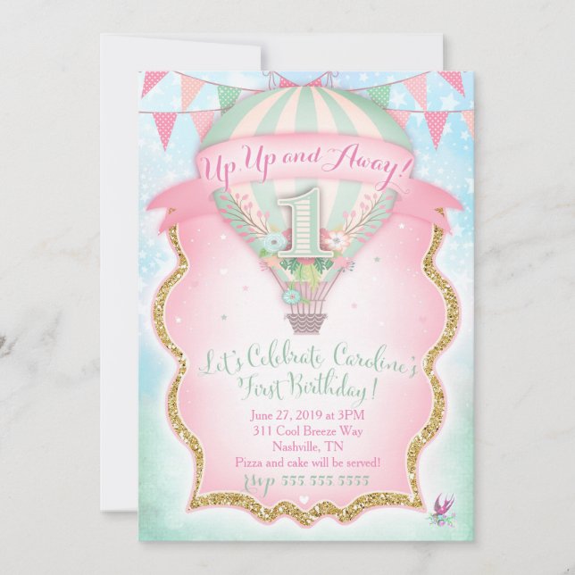GC Hot Air Balloon First Birthday Caroline Invitation (Front)