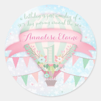 GC Hot Air Balloon First Birthday Sticker Round