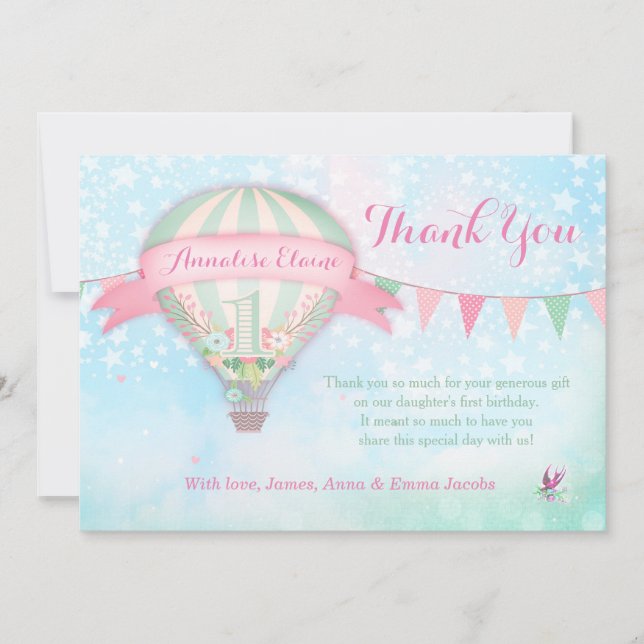 GC Hot Air Balloon First Birthday Thank You Card (Front)