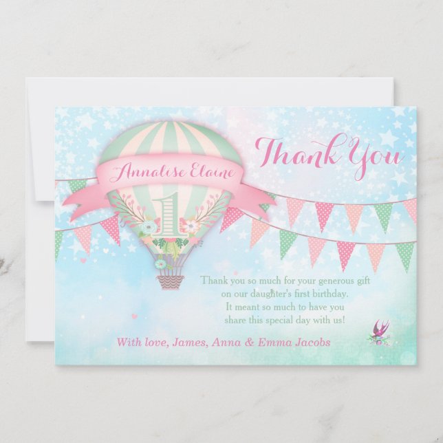 GC Hot Air Balloon First Birthday Thank You Card (Front)