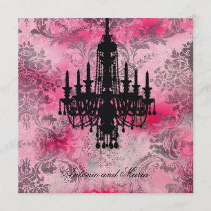 GC   Jolie Black Chandelier Pink Grey Damask Invitation