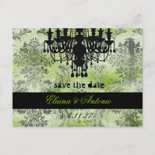 GC   Jolie Chandelier Lime Black Damask Announcement Postcard