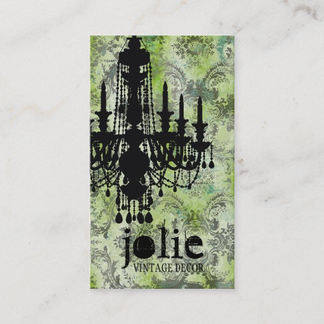 GC | Jolie Chandelier Lime Grey Damask Business Card (Front)