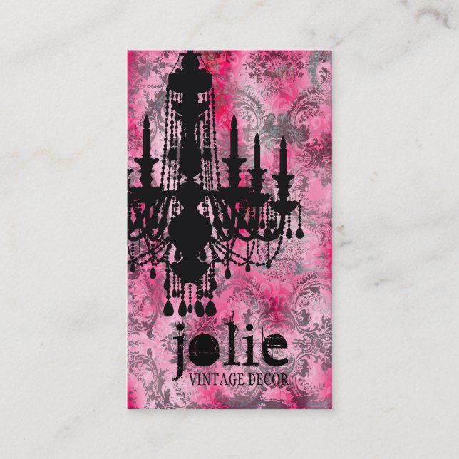 GC | Jolie Chandelier Pink Grey Damask Business Card (Front)