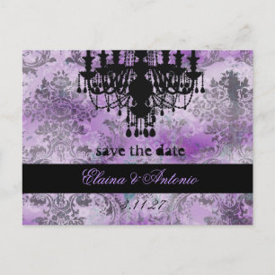 GC   Jolie Chandelier Purple Grey Damask Announcement Postcard