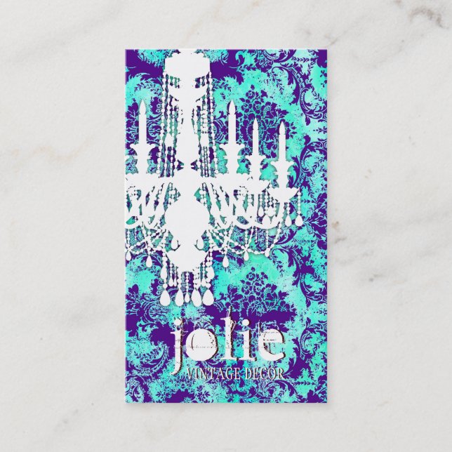 GC | Jolie Chandelier Turquoise Purple Damask Business Card (Front)