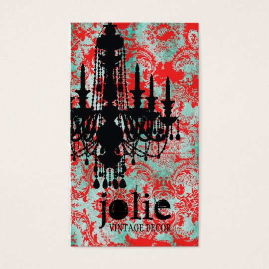 GC | Jolie Chandelier Turquoise Red Damask Business Card