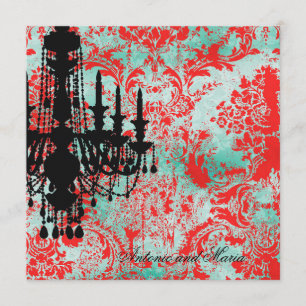 GC Jolie Chandelier Turquoise Red Damask Invitation