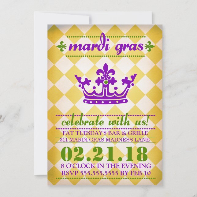 GC Mardi Gras Madness Gold Metallic Invitation (Front)